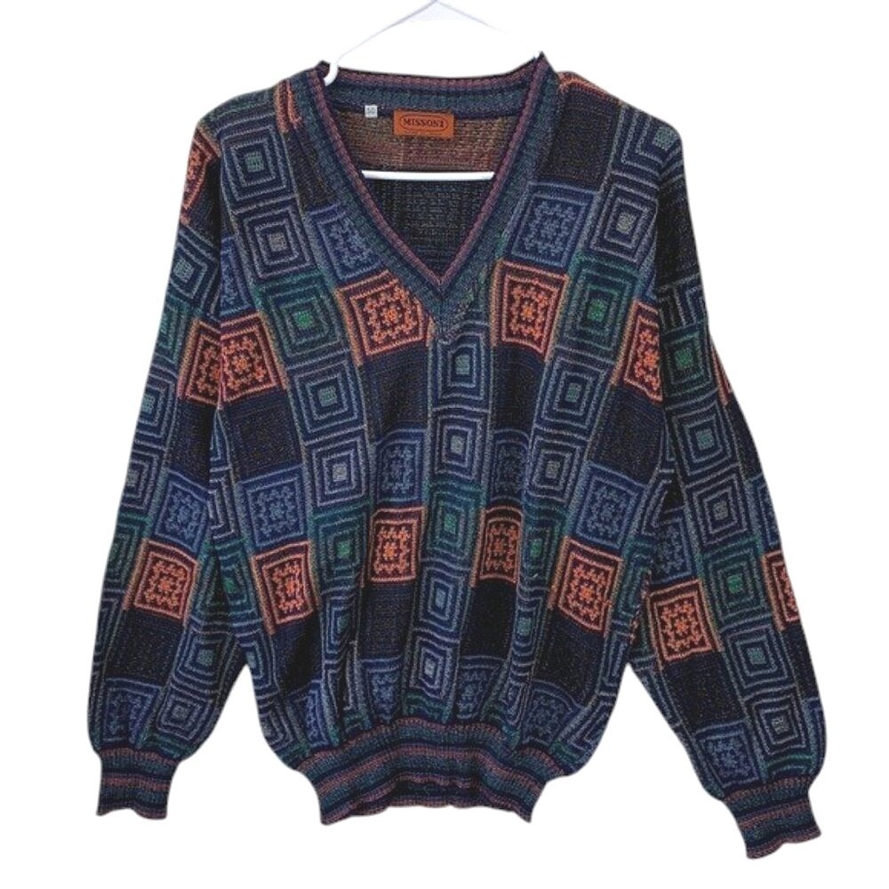 Missoni V Neck Sweater Men's IT 50 Large Navy Orange Geometric Knit Designer